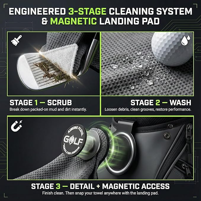 Magnetic Golf Towel & Landing Pad Bundle – Premium Microfiber Waffle Weave | Light-Duty Magnet | 3-Stage Cleaning System (Scrub/Wash/Dry) | Universal Magnetic Docking Pad | 16"×24" Towel – Grey