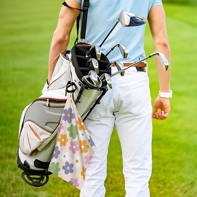 Cute Floral Golf Towel with Carabiner Clip 24"x16" Microfiber Waffle Flower Ladies Golf Towels for Golf Bags Funny Golf Rag for Disc Balls Clubs Accessories for Women Men Girls