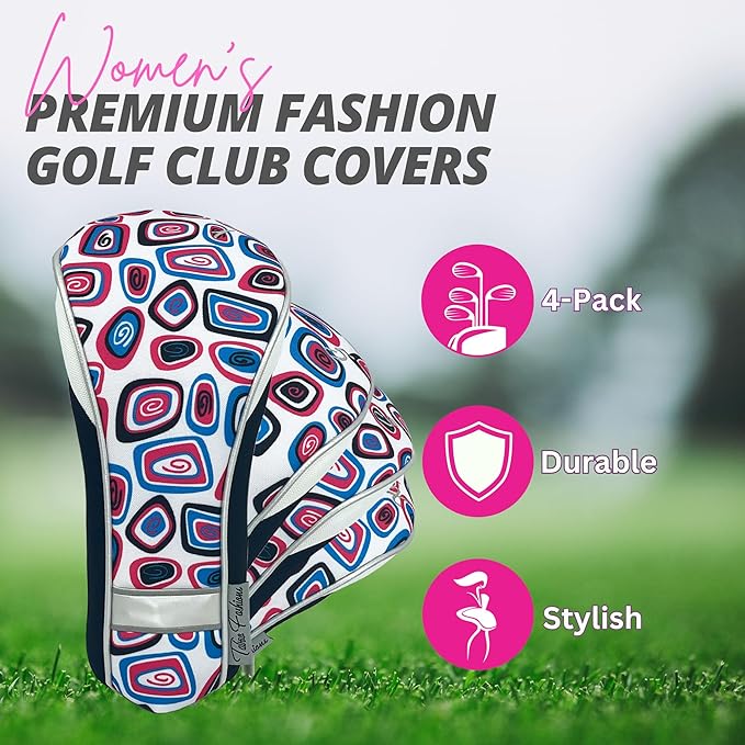Taboo Fashions Monaco Golf Club Covers for Women - Numbered Golf Headcovers Set for Driver, Fairway and Hybrid Clubs - Weather Resistant, Pack of 4