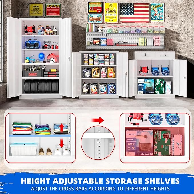 INTERGREAT Metal Garage Storage Cabinet, 36" Locking Counter Cabinet with 2 Locking Doors and 2 Adjustable Shelves, Small Steel Cabinet for for Home Office, Gym, School(White)
