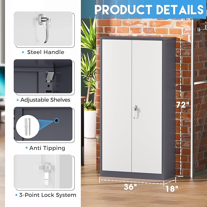 Greenvelly Metal Garage Storage Cabinet, Locking Steel Cabinet with 2 Doors and 4 Adjustable Shelves, Metal Tool Cabinets, Lockable File Cabinet for Home Office, Garage, School (Gray White)