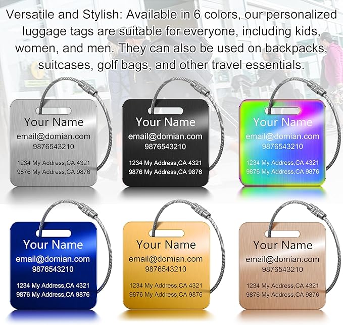 Stainless Steel Personalized Luggage Tags for Suitcases - Custom Name ID Travel Tags for Luggage, Backpacks, Baggage and Bags - Metal Unique Lable - Travel Essentials Accessories for Kids, Women, Men