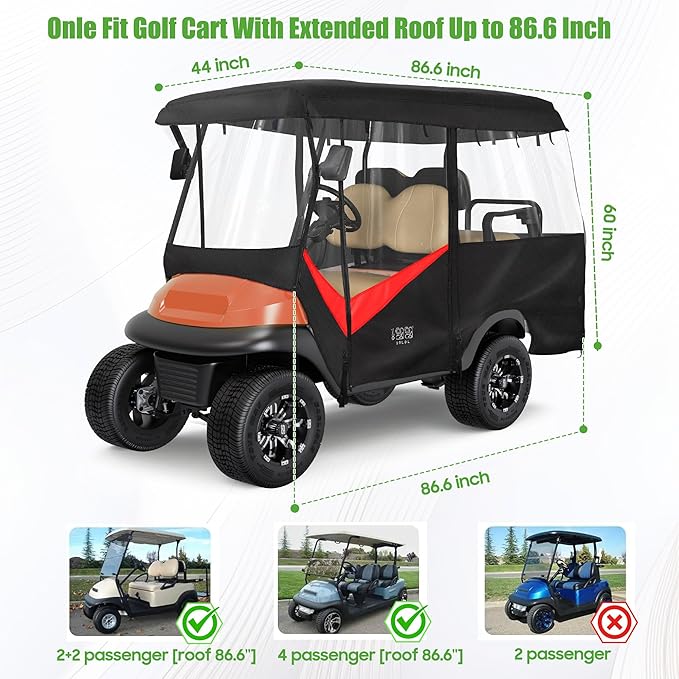 10L0L 4 Passenger Golf Cart Enclosure - 86" Roof Fit, Universal Golf Cart Cover for Yamaha Club Car EZGO,Waterproof 600D Rain Cover,Transparent Tail Light Panel,Foldable Door,4-Sided Clear Windows