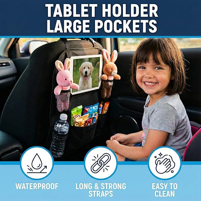 Car Backseat Organizer with 12" Touch Screen Tablet Holder, 600D Waterproof Kick Mats Back Seat Protector, Travel Storage Accessories for Kids Toddlers Road Trip Essentials, Black