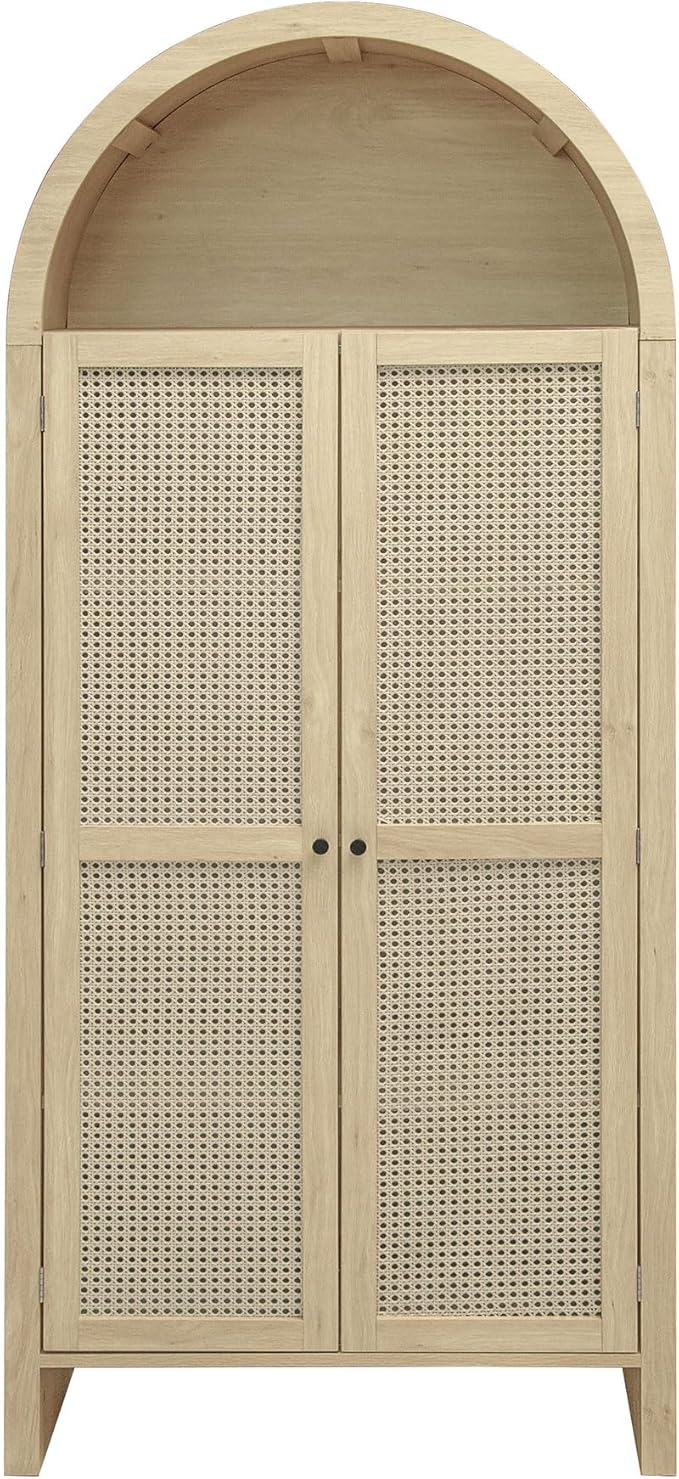 Rainbow Home California 70" Tall Arched Kitchen Pantry with 2 Large Rattan Doors, Storage Display Cabinet with 2 Adjustable Shelves, Versatile for Dining Room, Living Room, Study, Natural