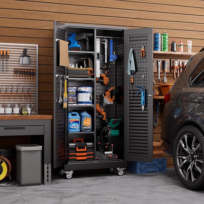 SUXXAN Broom Closet with Wheels 71"x 31.5"x15.75", Metal Cleaning Cabinets with Louvered Doors Hooks and Hanging Rods, Lockable Cabinet with Pegboard, Adjustable Shelf,for Garage, Laundry Room