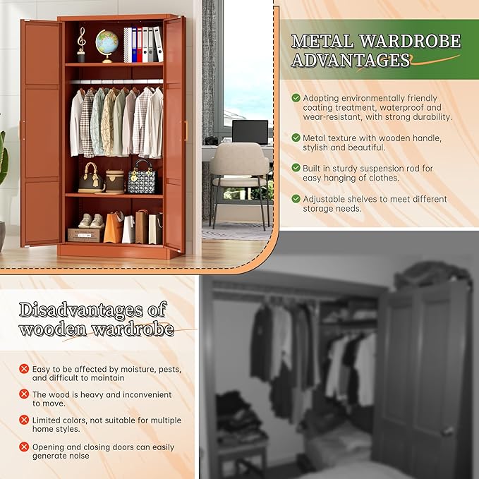Greenvelly Metal Wardrobe Cabinet with Wooden Handle, 72" Metal Wardrobe Closet with Hanging Rods and Adjustable Shelves, Clothing Storage Closet Cabinet for Home, Office, Employee, Gym (Brown)