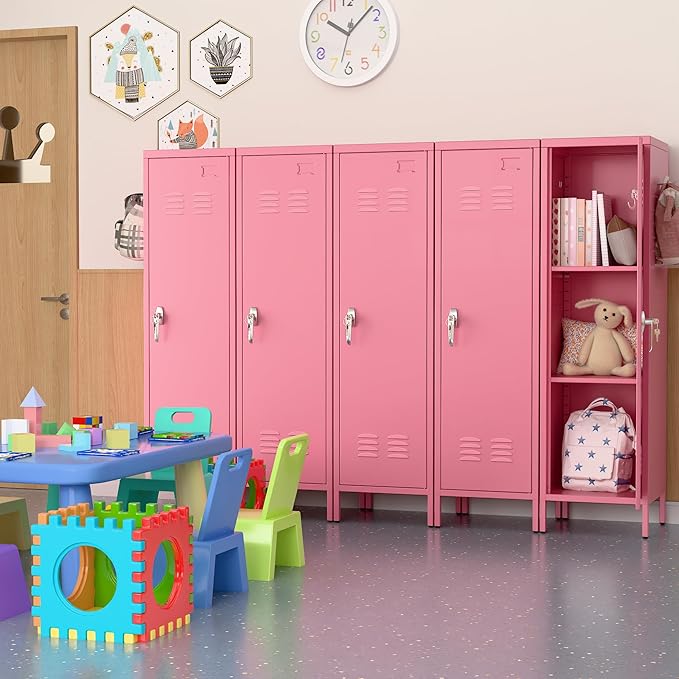 Aobabo 54" H Pink Metal Lockers, Storage Locker Cabinet with Lockable 1 Door and Towel Rack and 2 Side Pegboards with Hooks for Home School Office, Assembly Required