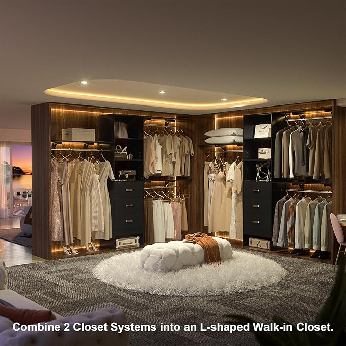 Armocity 96 Inches Closet System, 8FT Walk In Closet Organizer with 3 Shelving Towers, Heavy Duty Clothes Rack with 3 Drawers, Built-In Garment Rack, 96" L x 16" W x 75" H, Max Load 1000 LBS, Black