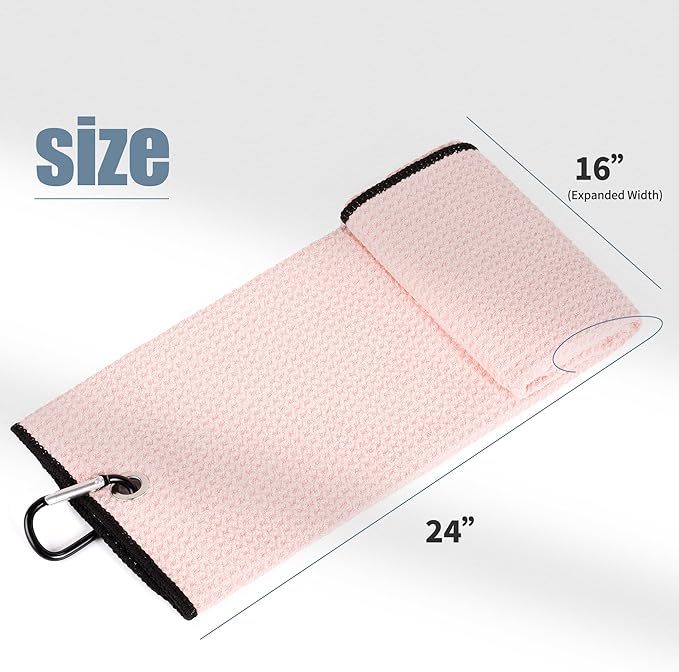Mile High Life Tri-fold Golf Towel | 16" X 24" | Premium Microfiber Fabric | Waffle Pattern | with Heavy Duty Carabiner Clip | for Men and Women (Pink)