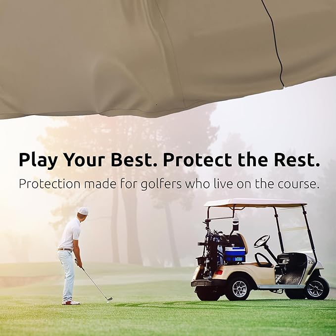 AllGuard Weatherproof Golf Cart Cover, Heavy Duty Polyester, Protects from Rain, Sun, UV & More - Tan (Fits Length: 106" - 140")