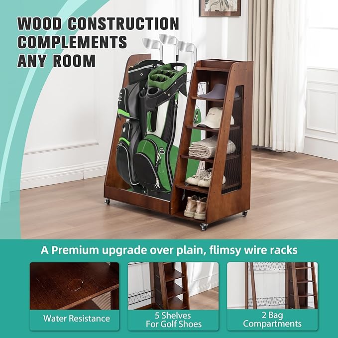 Wooden Golf Bag Organizer for Garage with Drawers, 2 Golf Bag Holder with Club Holders On Side for Car Garage Club Shed Basement, Gray
