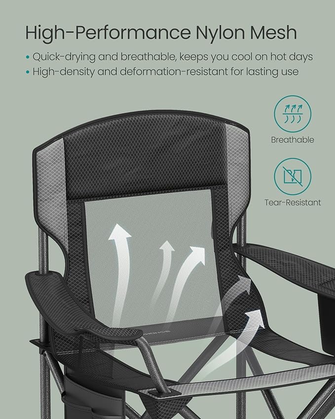 SONGMICS Camping Chair, Folding Lawn Chair with Cooler Bag, 352 lb Weight Capacity, Adjustable Armrests with Cup Holder, Storage Bag, Breathable Nylon Mesh, for Sports Games, Ink Black UGCB060B01