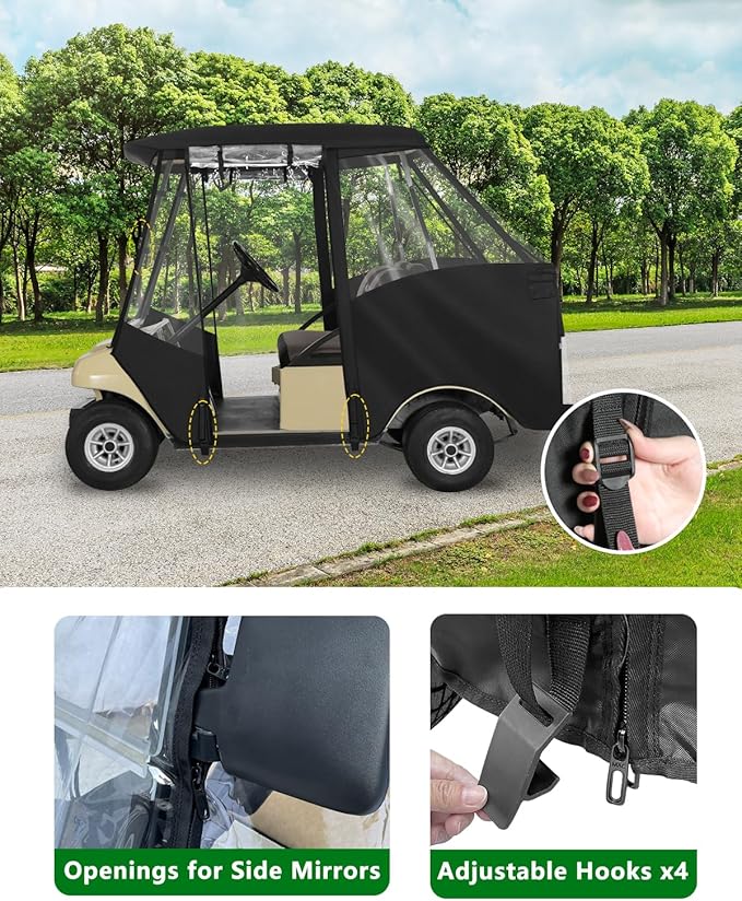 Golf Cart Enclosures 4 Passenger for Club Car DS,Short Roof 58 inch 2+2 Seater 600D Clear Rain Cover Driving Enclosure,Roll Up 4 Sided Transparent Windows&Door Heavy Duty Zipper,Side Mirrors Openings