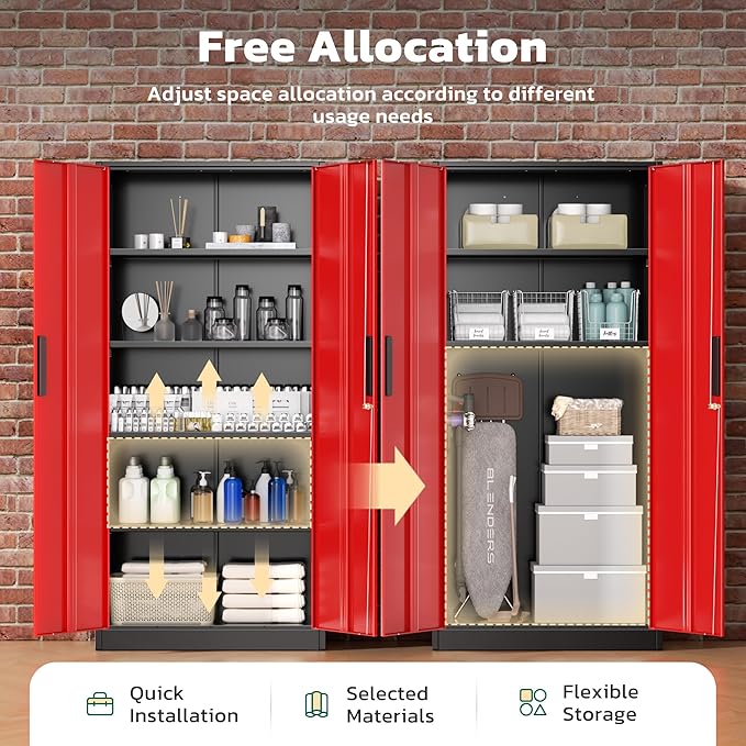 Greenvelly Metal Lockable Storage Cabinet, 72” Storage Cabinet with 2 Doors and 4 Adjustable Shelves for Office, Home, Garage, Pantry (Assembly Required, Black Red)