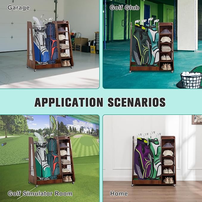 Wooden Golf Bag Organizer for Garage with Drawers, 2 Golf Bag Holder with Club Holders On Side for Car Garage Club Shed Basement, Gray