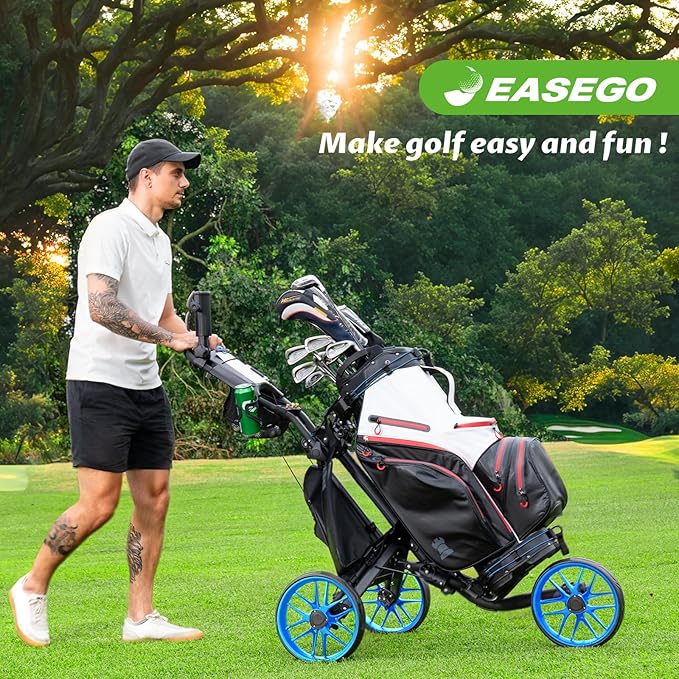 Golf Push Cart 3 Wheel : Golf Bag Cart Foldable with Phone Holder/Cup/Umbrella Holder Compact Golf Pull Carts Quick Fold Golf Caddy Push Carts with Large Wheelbase for Different Terrain