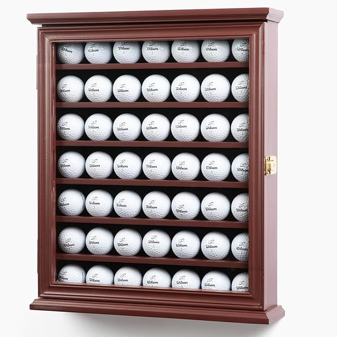 DECOMIL - Solid Wood Golf Ball Display Case Cabinet Wall Rack Holder UV Protection Lockable (Cherry, 49 Golf Ball)
