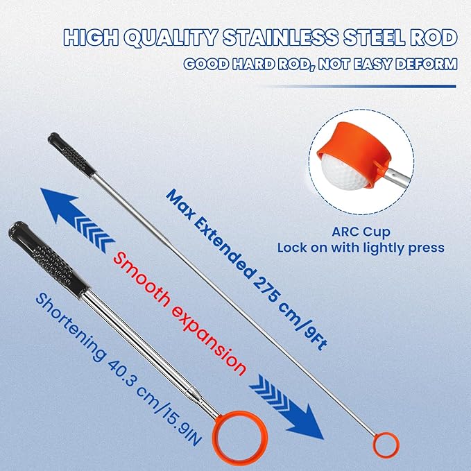 Golf Ball Retriever, Max 9 Ft Lightweight and Portable Golf Ball Retriever Telescopic, Stainless Golf Ball Grabber with Anti-Slip Handle, Golf Accessories Gifts for Men Women