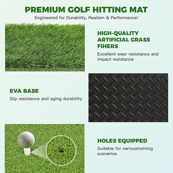 Premium Dual-Turf Golf Hitting Mat with 10mm EVA Foam & Rubber Backing, Non-Slip Anti-Deformation Heavy-Duty Design for Realistic Indoor/Outdoor Swing and Chipping Practice, Ideal Gift for Golfers
