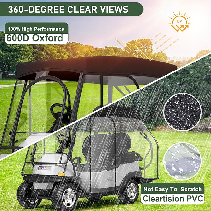 Rosefray Golf Cart Enclosure - 2+2 Drivable Rain Cover for Short Roof 58" EZGO, Club Car - Durable Door Zipper, 4-Sided Clear Windows (4 Seater)