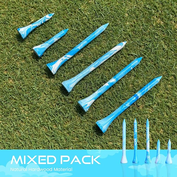 Golf Tees Multiple Colors Mixed Size Package, 100pcs Professional Bamboo/Wood Golf Tees, Size 3-1/4", 2-3/4" & 1-1/2" Reduce Friction and Resistance