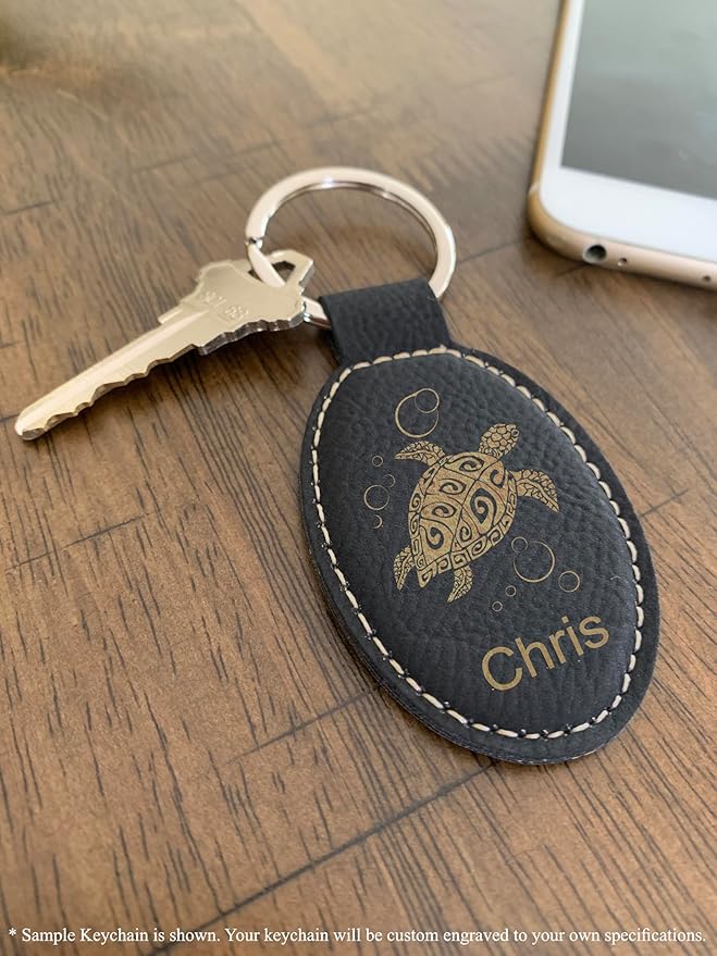 LaserGram Oval Keychain, Palm Trees, Personalized Engraving Included (Black with Gold)