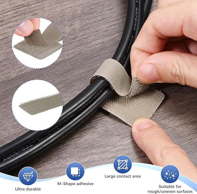 100-Pack Hook and Loop Cable Ties, 3.5 x 1.1 Inch Enhanced Self-Adhesive Cord Organizer for Desk/Home/Wall/Office Essentials, Cable Management Under Desk [Beige]