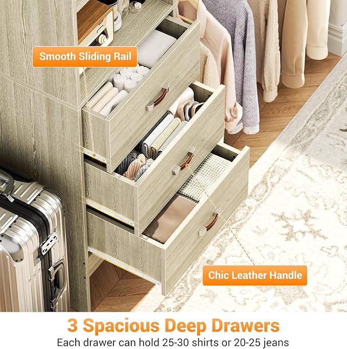 Homieasy 96 Inches Closet Organizer System, 8FT Customizable Walk In Closet Organizer with Hanging Rods, 3 Leather Handle Drawers Garment Rack, 96" L x 16" W x 75" H, Max Load 1000 LBS, White Oak