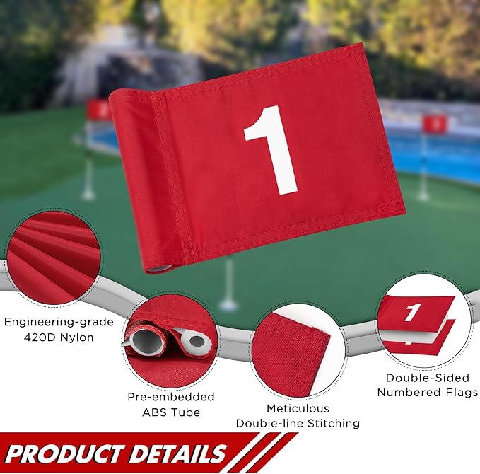 KINGTOP Numbered Golf Flag All 8x6 Inch – Upgraded Dual-Layer 420D Nylon, Double Sided Printing, Tube Inserted – Mini Practice Putting Green Flags for Yard