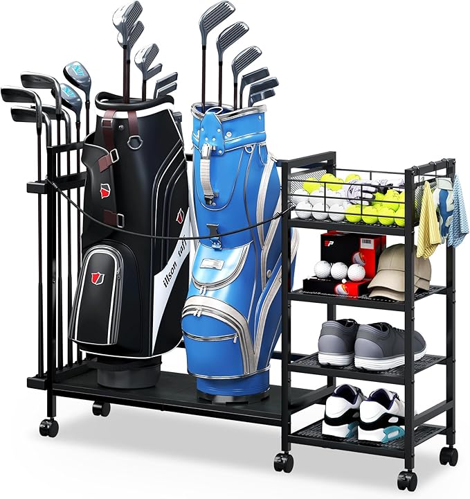 TC-HOMENY Golf Bag Storage Organizer for Garage, Golf Bag Stand with Wheels, Golf Bag Organizer for 2 Golf Bags, Golf Bag Accessories Storage Rack, Extra Golf Clubs Equipment Stand, Golf Bag Holder