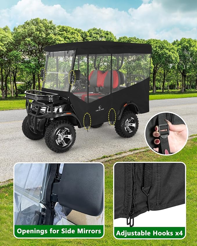 Golf Cart Enclosures 4 Passenger 93 inch Extended Roof for EDACAR Terrain 4 Seater,Clear Rain Cover 4 Sided Transparent Windows Zippers Door Roll Up Driving Enclosure,Side Mirrors Opening(Black)