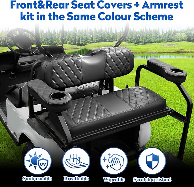 NOKINS Golf Cart Seat Covers for YAMAHA/G29/Drive2, Vinyl Front&Rear Seat Cover with Flip-Up Armrests kit, with Cup Holder, for 1" Square Tube (Black&Black Stitching)