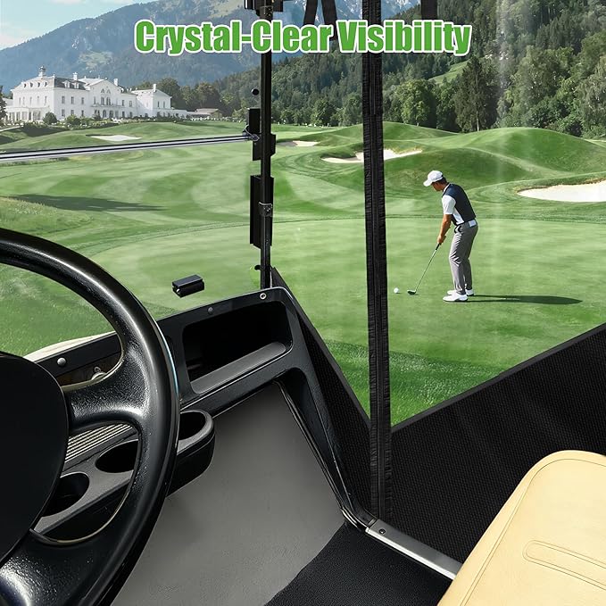 10L0L Golf Cart Driving Enclosure for Club Car DS 2/4 Passenger Short Roof Waterproof Windproof Heavy Duty 600D Rain Cover with 4-Sided Clear Windows & Durable Door Zipper, All-Weather Protection