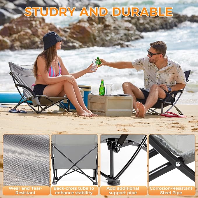 KingCamp Low Beach Chairs, Folding Portable Chair for Adults Lightweight Extra Wide Seat 300lbs Heavy Duty Oversized Backpack, Carry Bag for Camping