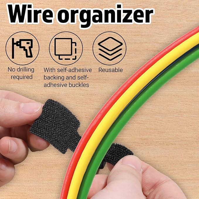 80 Pcs Hook and Loop Cable Straps, Self-Adhesive Hook and Loop Cable Ties Reusable Wire Organizers for Cords Home and Office Black
