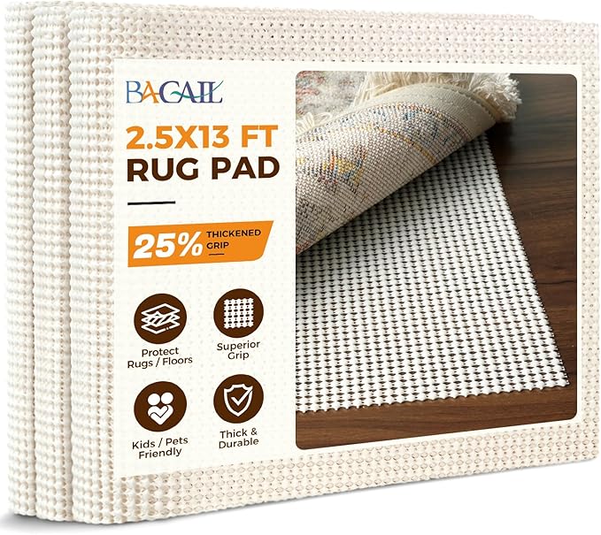 BAGAIL BASICS 2.5 x 13 FT Rug Pad Gripper for Hardwood Floors, Non Slip Rug Pads for Area Rugs, Extra Thick Under Rug Padding, Protect Your Rugs & Floors