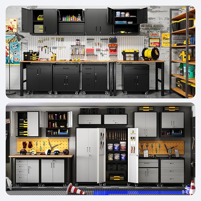Metal Tool Cabinet,Garage Storage Cabinet System,Wall Cabinet & Locking Rolling Tool Cabinet with Doors and Adjustable Shelves,Steel Tool Cabinets for Home (6 Pcs-StyleA, Black & Grey)