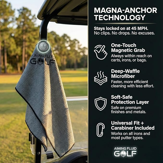 Multi-Function Magnetic Golf Towel I Wash Pocket I Magna-Anchor Technology I Waffle Pattern I Scrub Pad I (16" x 24" Blue Magnet) (Augusta, 16" x 40" The 40)