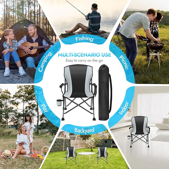 Oversized Folding Camping Chair for Adults, Supports 450 LBS Camping Chairs, Heavy Duty Camping Chair with Side Pockets, Foldable Outdoor Chair for Camping, Beach, Fishing, Hiking, Black-Gray
