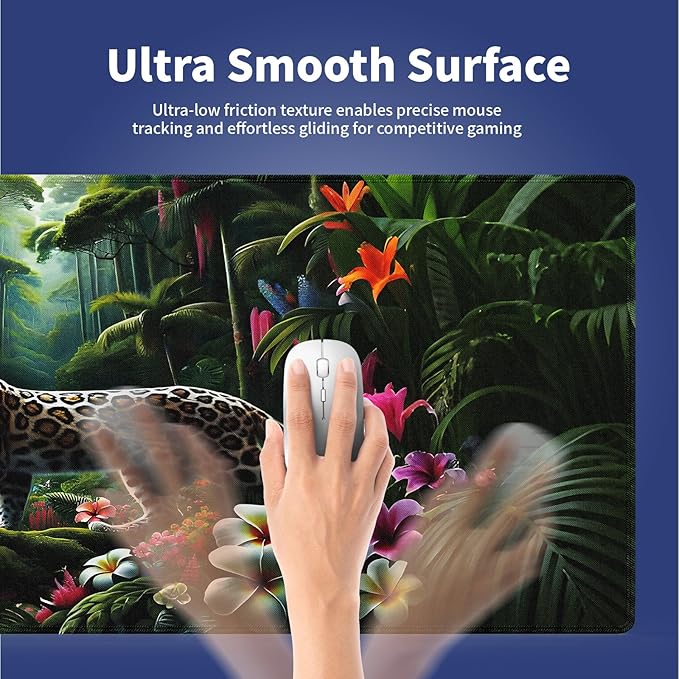 Wknoon. Extra Large Gaming Mouse Pad (31.5" x 11.8") with Durable Stitched Edges – Wild Leopard in a Lush Jungle Colorful Floral Rainforest Exotic Design, Anti-Slip Rubber Base Extended XXL Desk Mat