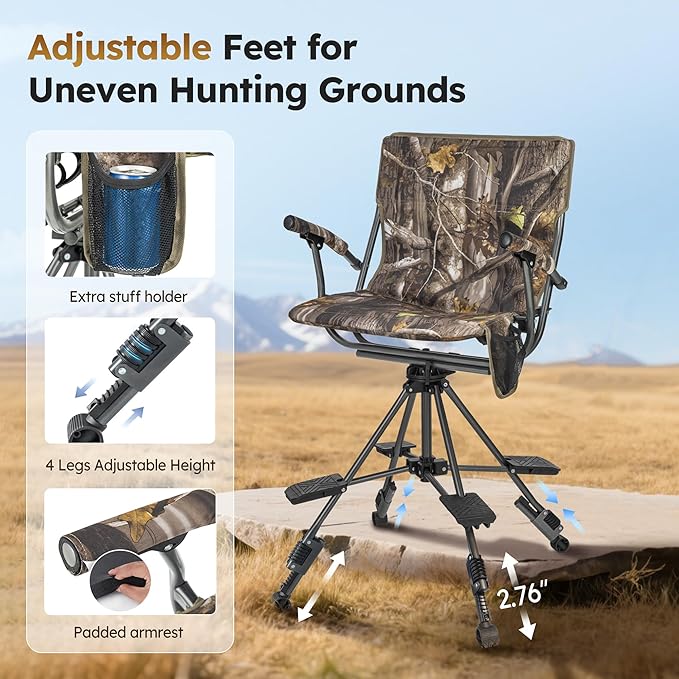 LET'S CAMP Folding Hunting Chair for Blinds 360 Degree Silent Swivel, 330LBS Capacity Portable Padded Cushion Hunting Seat with Armrest, 4 Legs Adjustable Height, Shoulder Strap, Cup Holder-CAMO