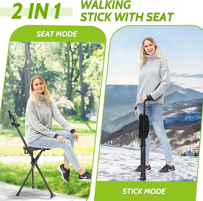 Portable Walking Stick with Cushion, Adjustable Height Cane with Seat, Portable Cane Stool, Lightweight Aluminum, Capacity 550 Lbs, for Camping, Hiking, Climb, Anti-Slip with Carry Bag