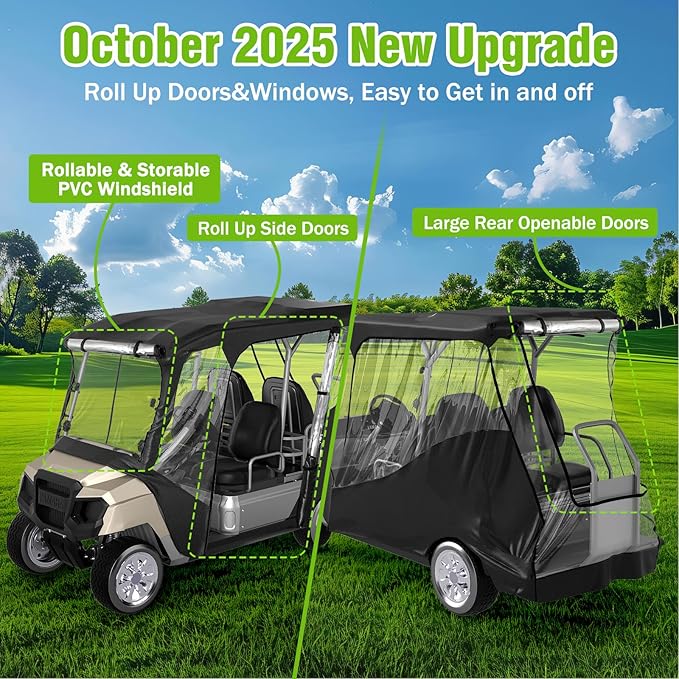 Golf Cart Enclosure for Club Car DS Precedent | 4-Passenger Waterproof Cover with Extended Roof & Roll-Up Windshield