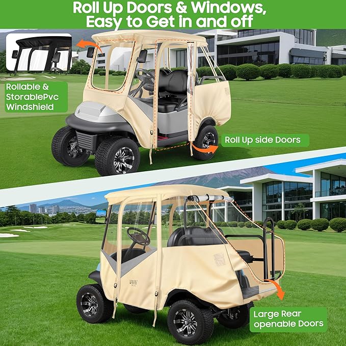 10L0L Golf Cart 4 Passenger Enclosure for Club Car Precedent Short Roof 57.5" Deluxe 600D Golf Cart Heavy Duty Rain Cover with 4 Zipped Doors Clear PVC Windows (Latest Improved Version)
