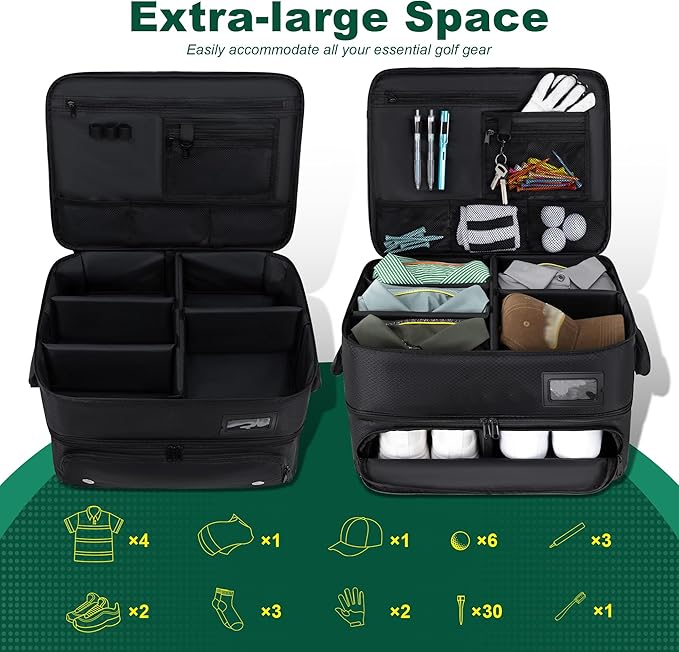 HIMAL HIMAL 2 Layer Golf Trunk Organizer, Golf Gifts for Men with Separate Ventilated Compartment, 2-Pair Capacity, Waterproof SUV Car Locker for Balls, Tees, Clothes, Gloves, Accessories, Golfer Gift