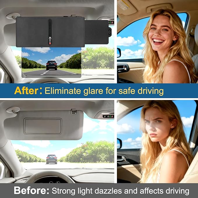 Veharvim Sun Visor Extender for Car (Polarized, UV400, Zipper Slider& Prevents Fingerprints, Pc Lens), Visor Extender Attachment for Car Visor, Anti-Glare for Safe Driving