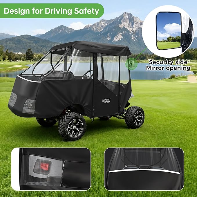 10L0L 2/4 Passenger Golf Cart Driving Enclosure for EZGO TXT/RXV Model, 4-Sided Clear Window 600D Rain Cover All Weather Windproof Waterproof - Black/Beige