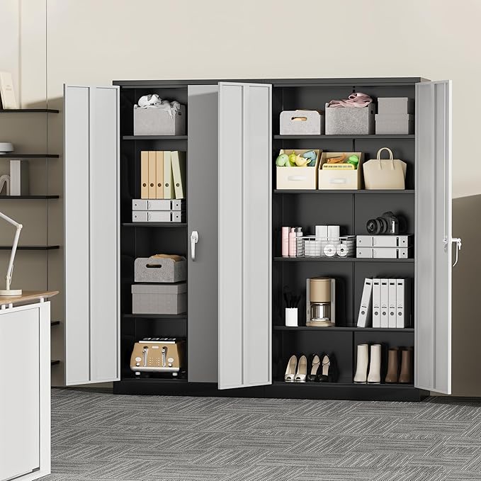 Greenvelly Metal Storage Cabinet, 72" Metal Garage Storage Cabinet with 2 Doors and 4 Adjustable Shelves,Steel Cabinets with Locking Doors for Home Office,Garage,School,Gym(Black Grey)