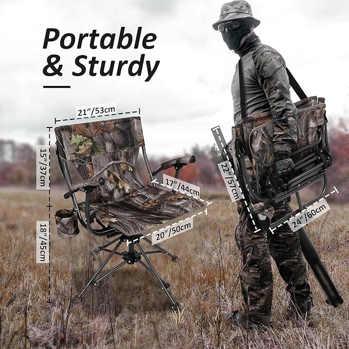 REDCAMP 360° Swivel Hunting Chairs for Ground Blinds, Camo Camping Chairs Portable Folding, Hunting Seats with Hard Arms for Fishing Camping